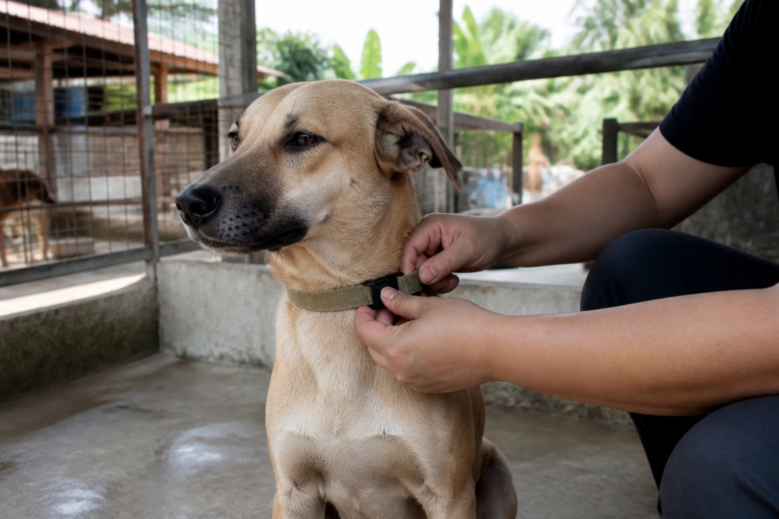 Aspin dog receiving a new collar at a Philippine shelter