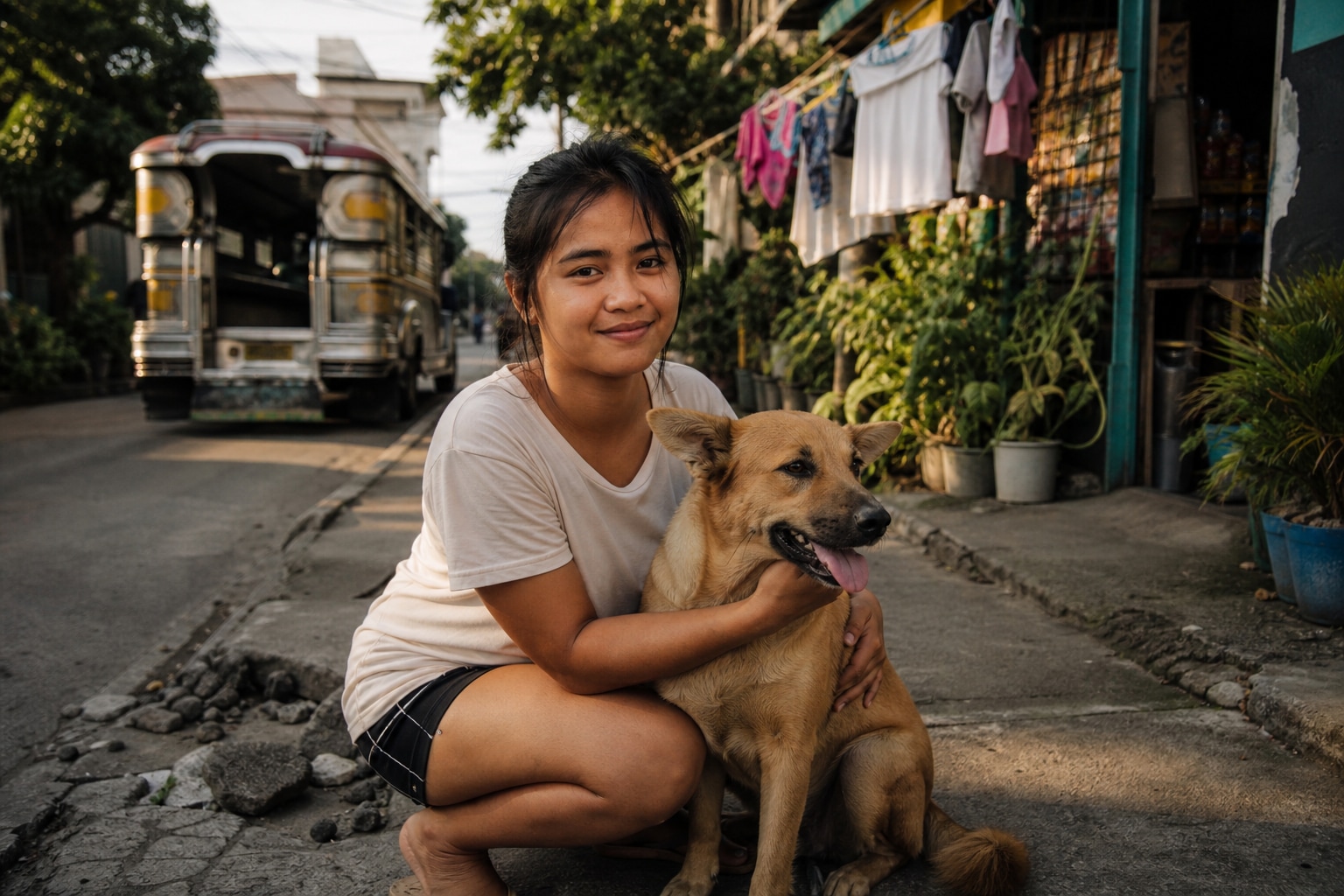 Filipino woman helping an aspin on a barangay street with a jeepney nearby