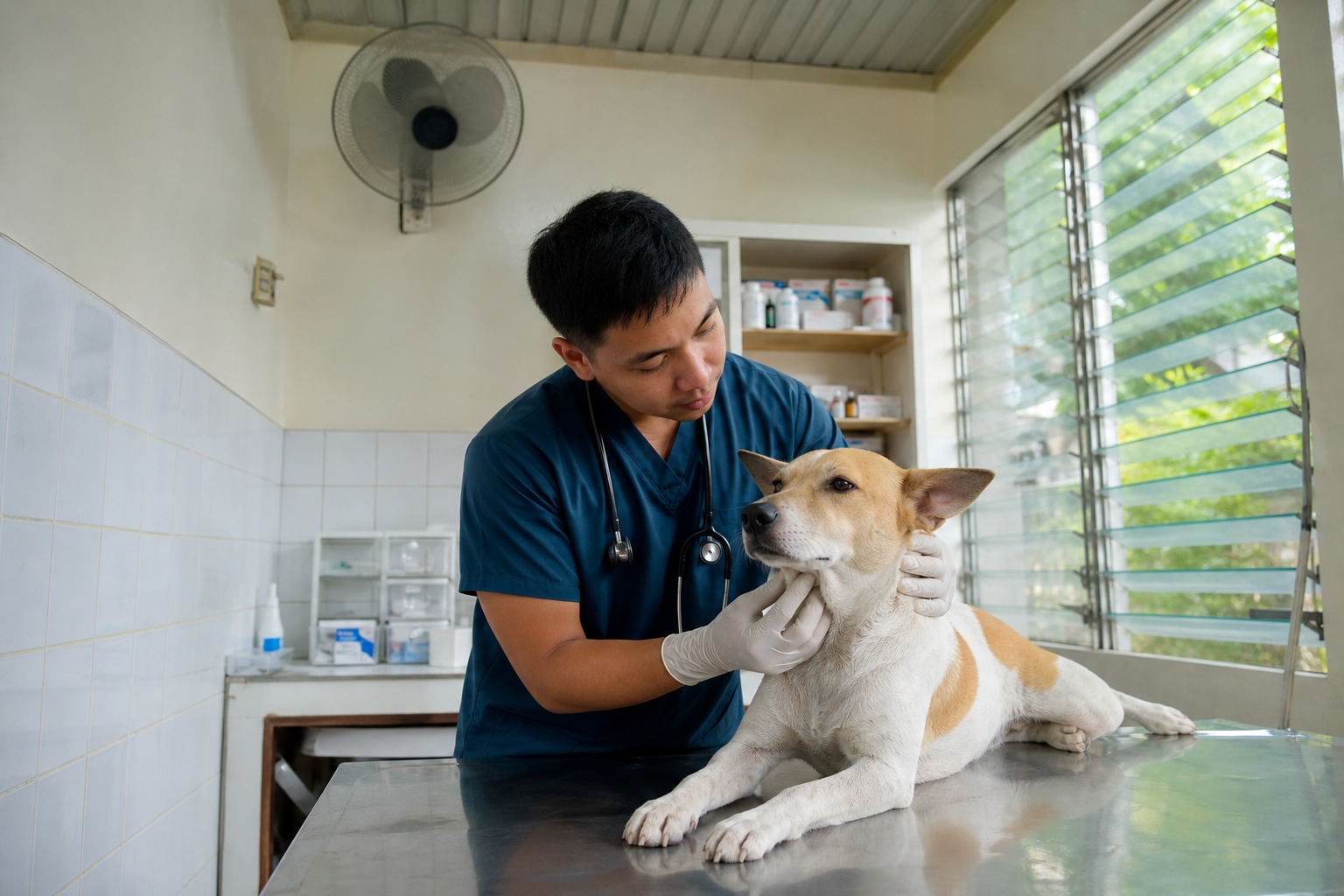 Filipino veterinarian examining an aspin in clinic