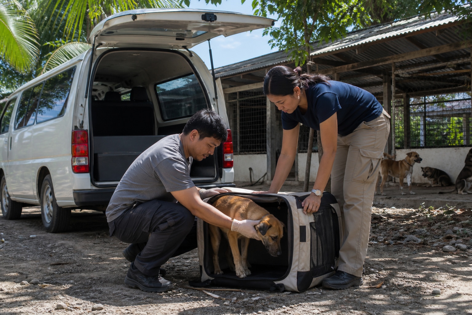 Filipino rescuers loading an aspin into a soft crate